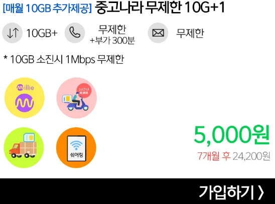 알뜰폰 요금제: 7개월 5,000원, 데이터 20GB, 통화·문자 무제한