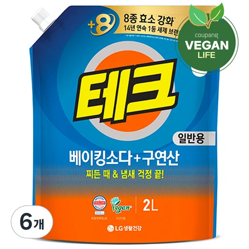[ㅋㅍ]테크 베이킹소다 플러스 구연산 실내건조 액체세제 일반 리필, 2L, 6개( 18,000원, 33% 할인)