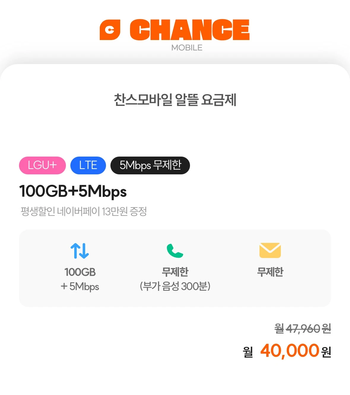 알뜰폰 프로모션: U+망 100GB+5Mbps, 월 40,000원, 네이버페이로 환급