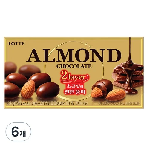 [ㅋㅍ]롯데웰푸드 아몬드 초코볼, 46g, 6개, 46g × 6개( 8,350원, 19% 할인)