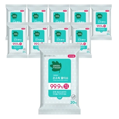[ㅋㅍ]그린핑거 손소독 물티슈 휴대형, 20개입, 10개, 20개입 × 10개( 11,360원, 11% 할인)