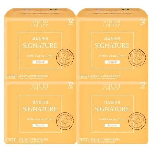 [ㅋㅍ]내츄럴코튼 시그니처 울트라슬림 생리대 날개형, 중형, 12개입, 4개( 7,840원, 26% 할인)