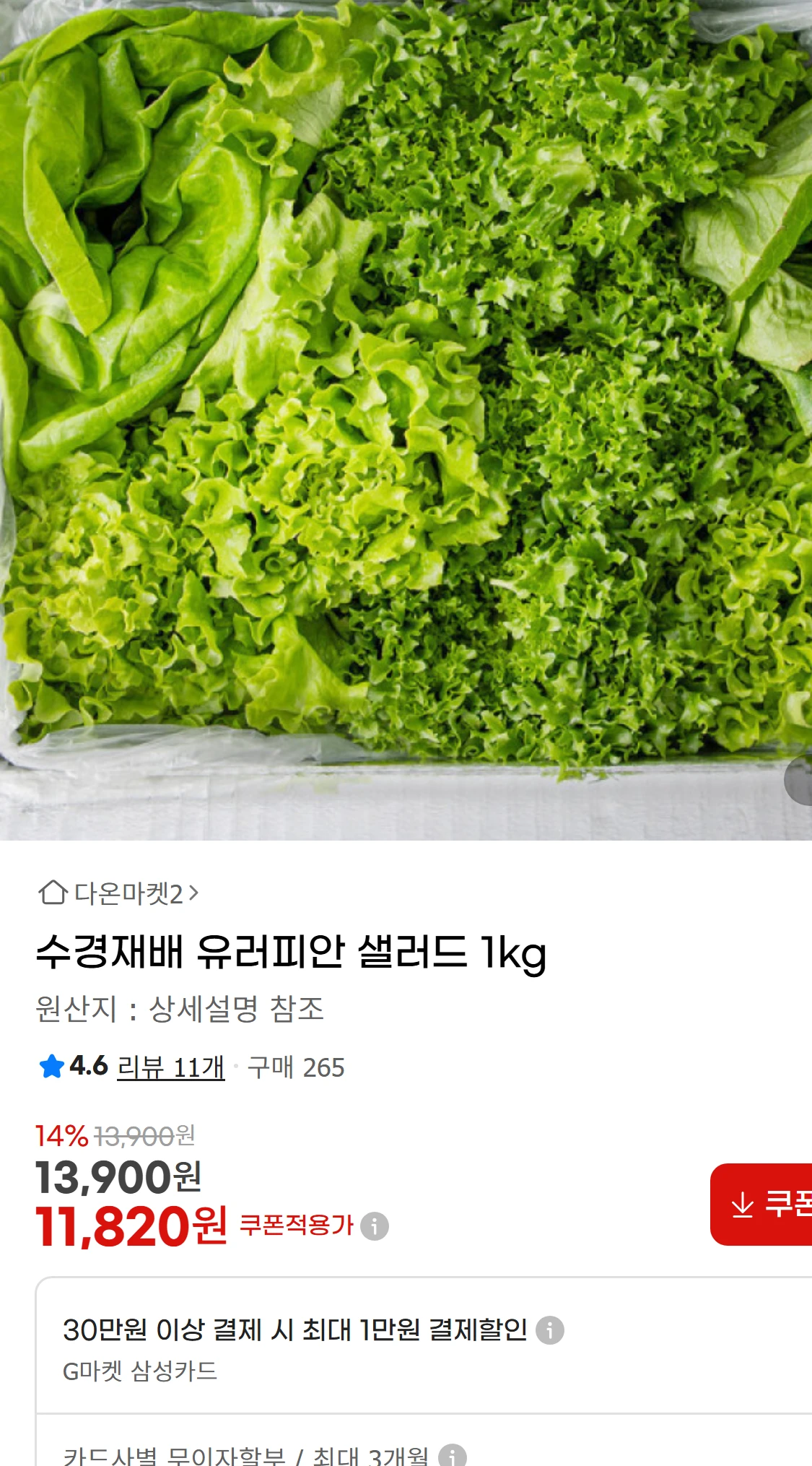 [지마켓]수경재배 유러피안 샐러드 1kg (11,820원)