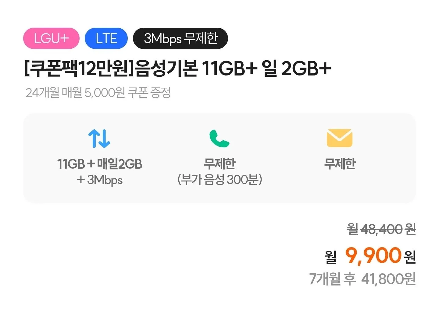 알뜰폰 데이터 요금제: 월 9,900원, 7개월 체감가 4,900원, LG U+망