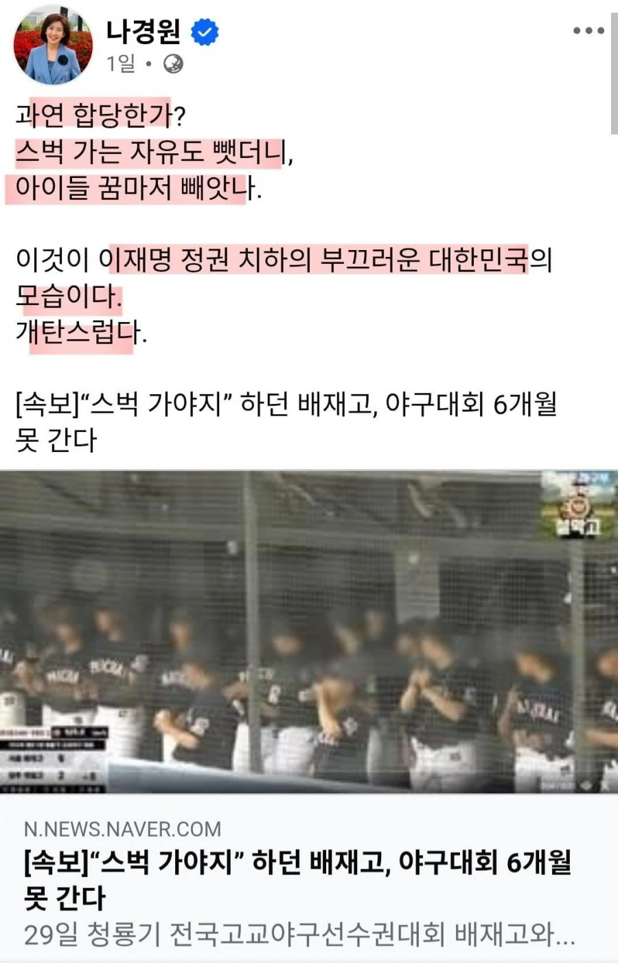 배재고 이슈에 등판한 나경원 페이스북