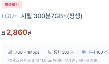 알뜰폰 요금제: 7GB 데이터, 300분 통화, 100건 문자, 월 2,860원