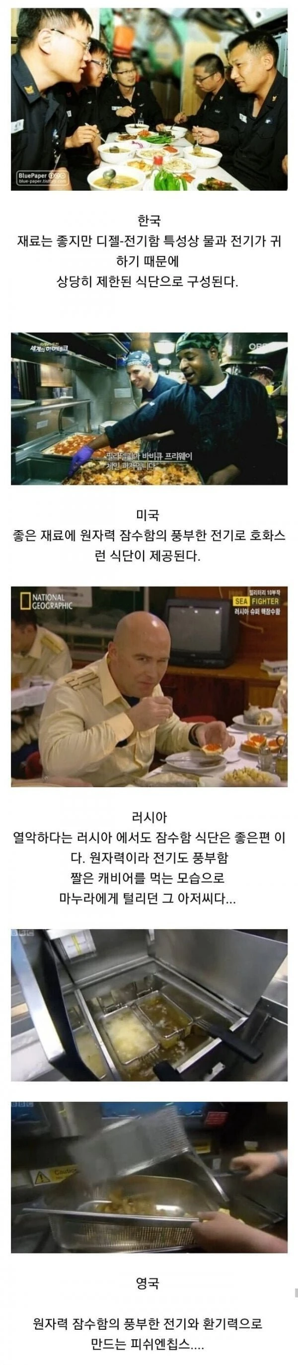 각 나라별 잠수함 식단 공개