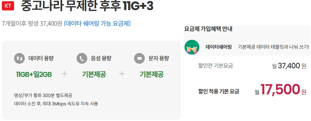 7개월간 월 17,500원으로 데이터 제공 요금제 (11G+일2G+3M, 이지모바일-중고나라)