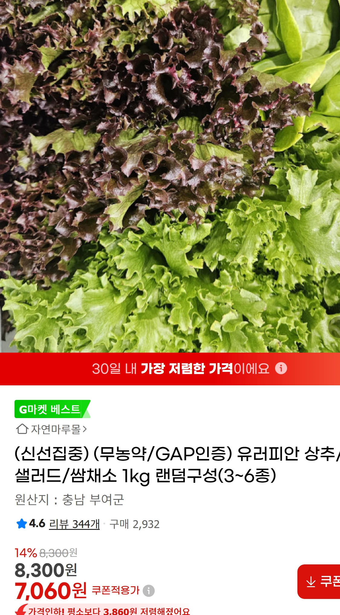 [지마켓](신선집중) (무농약/GAP인증) 유러피안 상추/샐러드/쌈채소(7,060원)