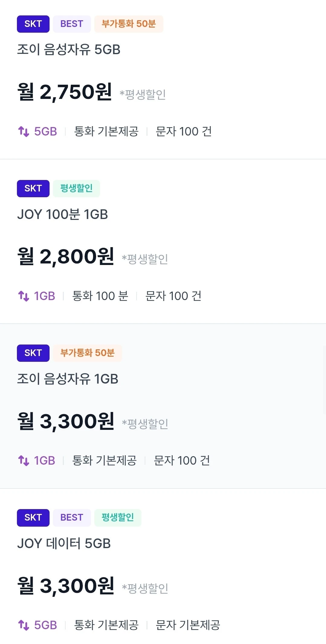 조이텔 평생요금제: SKT 기반, 데이터 5GB, 2,750원부터