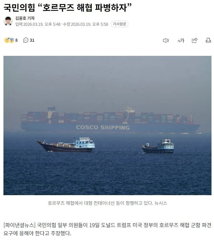 국민의힘 호르무즈 해협 파병하자