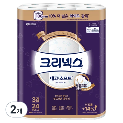 [ㅋㅍ]크리넥스 3겹 데코 앤 소프트 와이드 천연펄프 고급롤화장지, 33m, 24개입, 2개( 31,900원, 12% 할인)