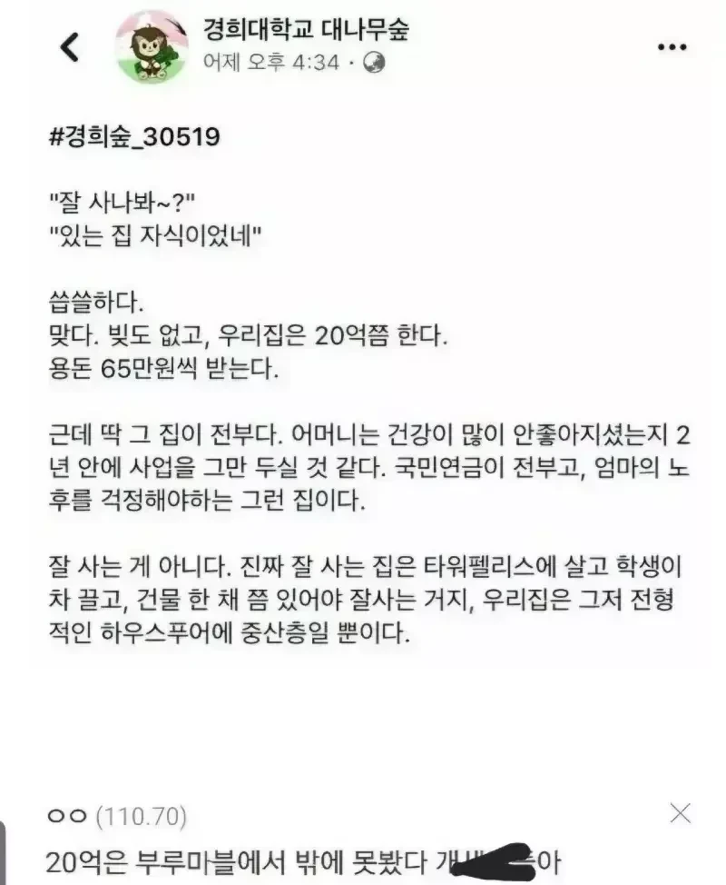자신의 집이 중산층이라는 경희대생