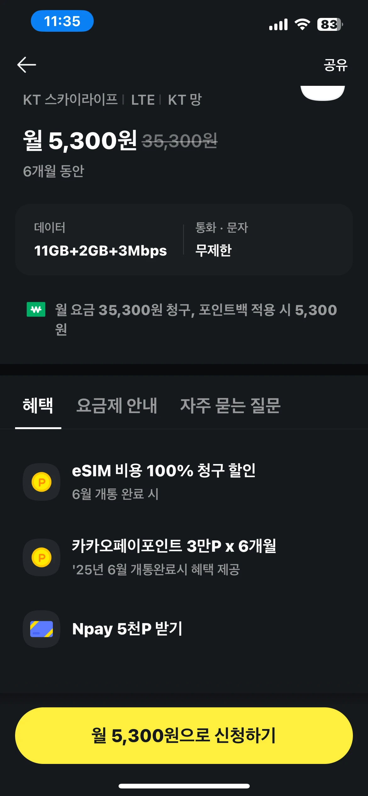 카카오페이 6개월 요금제 안내: 첫 6개월 월 300원