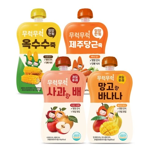 [ㅋㅍ]이유케어스 무럭무럭 키즈죽 과일퓨레 4종 세트, 옥수수 + 당근 +..., 1세트( 7,860원, 31% 할인)