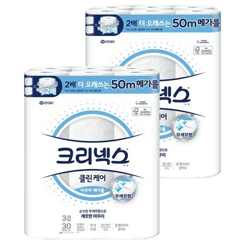 [ㅋㅍ]크리넥스 클린케어 천연펄프 3겹 고급롤화장지, 50m, 30개입, 2개( 48,210원, 15% 할인)