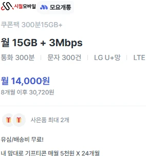 알뜰폰 요금제: 15GB 데이터, 300분 통화 / 월 14,000원