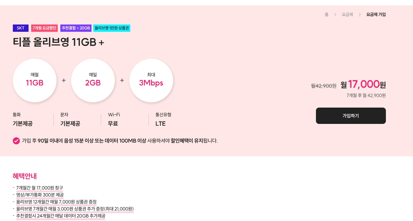 티플러스 SK망 요금제: 31GB 데이터 월 17,000원