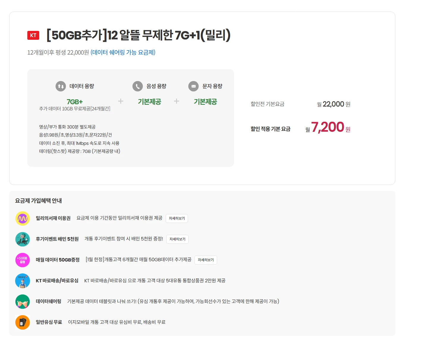 알뜰폰 데이터 쉐어링 요금제 안내 - 월 7200원