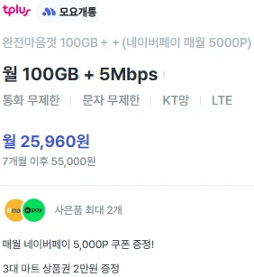 알뜰폰 요금제: 7개월, 25,960원, 100GB+5Mbps 데이터