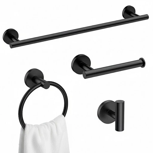 [ㅋㅍ]USHOWER 블랙 욕실 액세서리 세트 4종 구성 모던 수건걸이 휴지걸이 타월링 옷걸이 스테인리스 벽걸이형 46cm( 25,200원, 32% 할인)