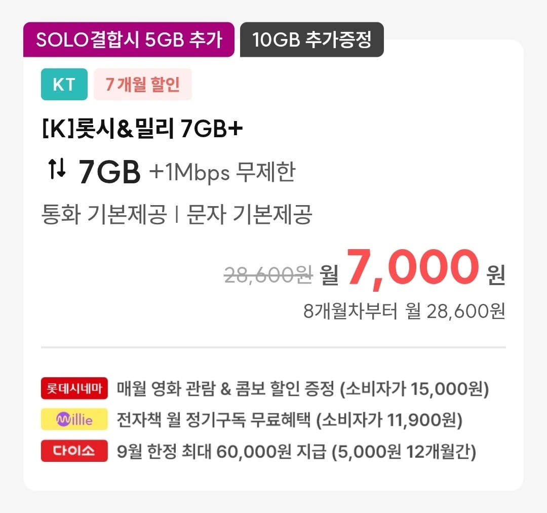 7개월 데이터 7GB 요금제, 약 7,000원