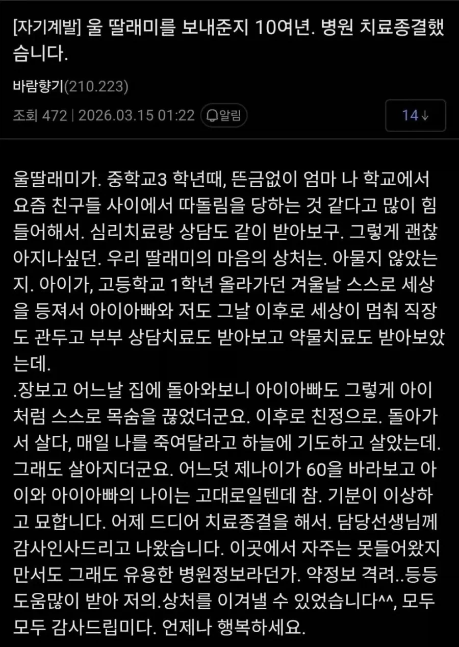 병원 치료 종결했다는 조울증갤러