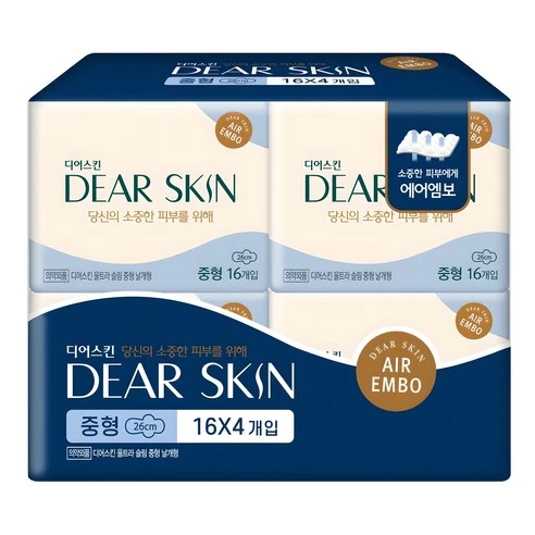[ㅋㅍ]디어스킨 에어엠보 생리대 날개형, 중형, 16개입, 4개( 8,360원, 24% 할인)