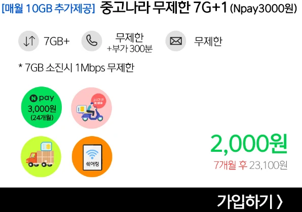 저렴한 요금제: 17GB + 1M, 2,000원