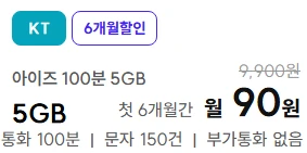 6개월 90원 요금제 - 통화 100분, 문자 150건 제공
