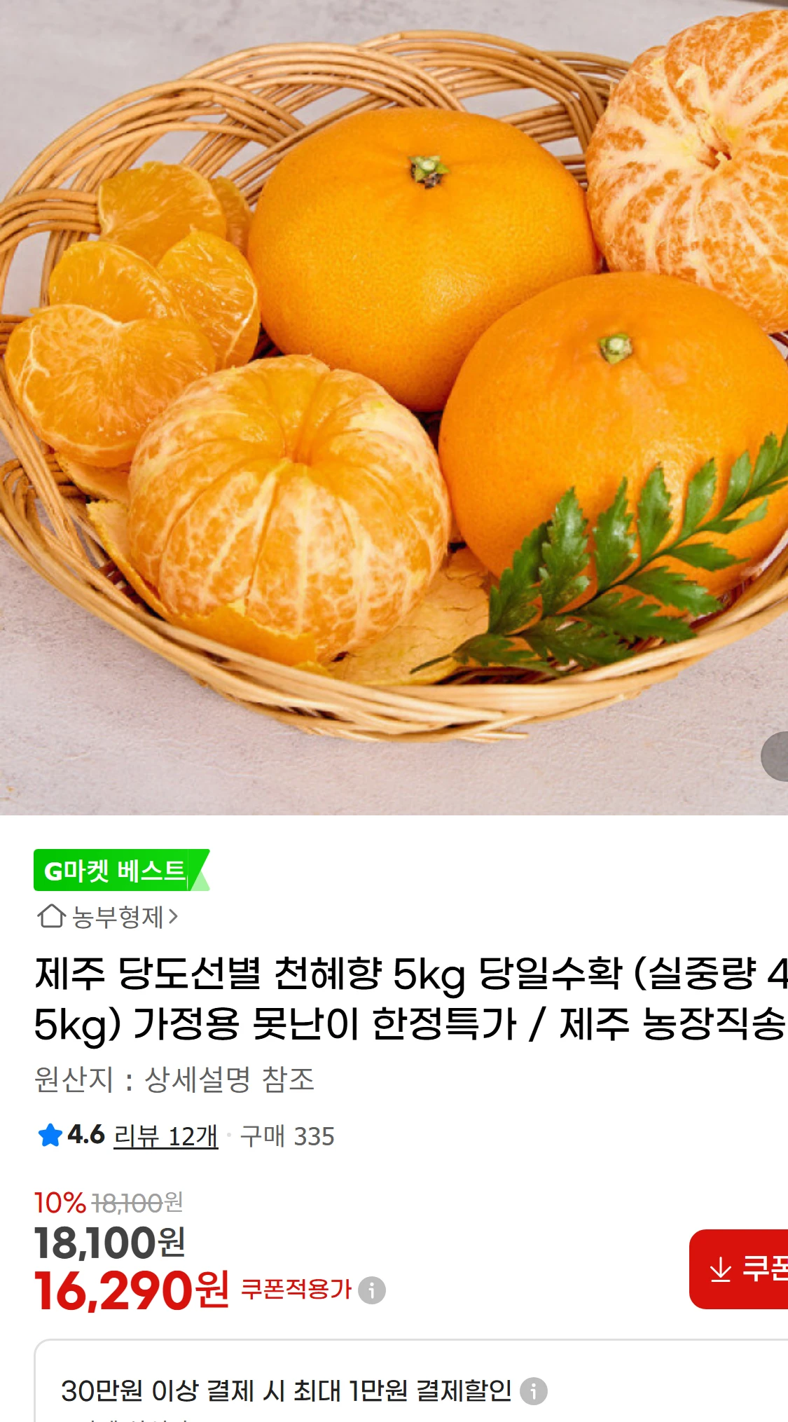 [지마켓]제주 당도선별 천혜향 5kg 당일수확  (실중량(18,100원)