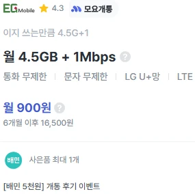 6개월 요금제: 900원, 4.5GB 데이터, 통화 및 문자 제공