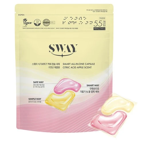 [ㅋㅍ]스웨이 식기세척기 올인원 액체 캡슐 세제 구연산애플향 55p, 440g, 1개, 440g × 1개( 9,940원, 31% 할인)
