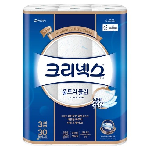 [ㅋㅍ]크리넥스 울트라클린 천연펄프 3겹 고급롤화장지, 27m, 30개입, 1개( 14,550원, 23% 할인)