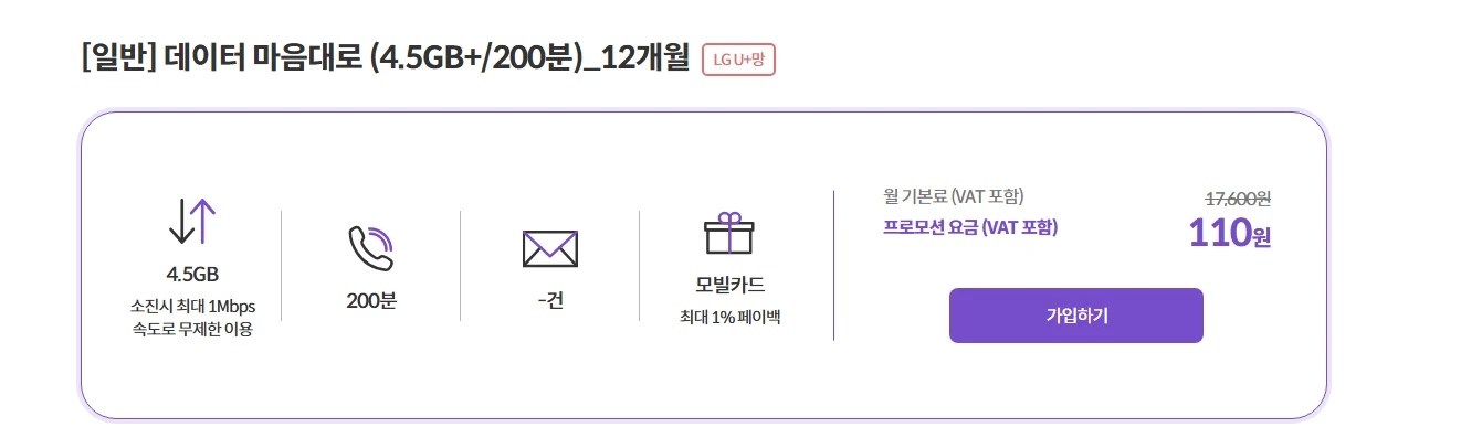 KG모바일 데이터 요금제: 월 110원에 4.5GB + 200분 제공