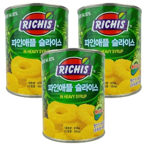 [ㅋㅍ]리치스 파인애플 슬라이스 통조림, 836g, 3개, 836g × 3개( 7,960원, 40% 할인)