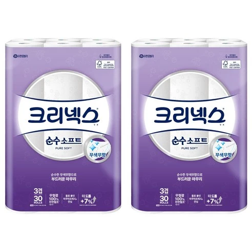 [ㅋㅍ]크리넥스 3겹 순수 소프트 천연펄프 롤화장지, 30m, 30개입, 2개( 34,650원, 10% 할인)