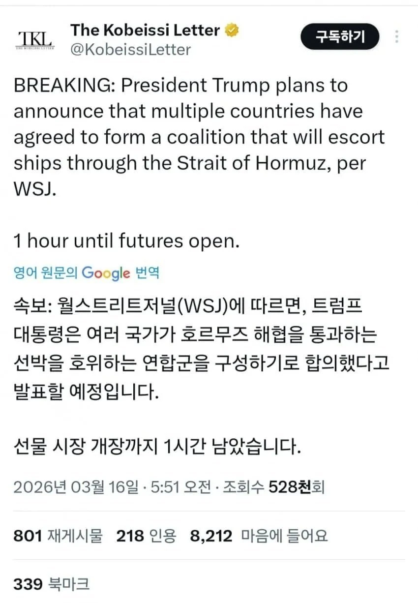 속보) 트럼프, 호르무즈 해협 다국적 연합군계획 곧 발표