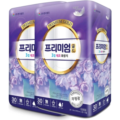 [ㅋㅍ]프리미엄골드3겹 데코 화장지 천연펄프 함유, 30m, 30롤, 2개( 22,780원, 12% 할인)