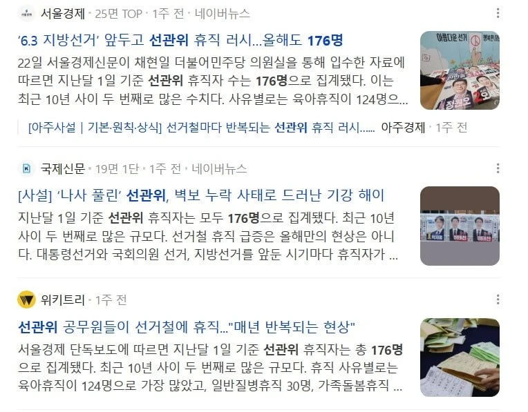 바쁠 때 쉬었음 선관위 공무원 올해도 176명