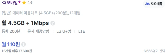 알뜰폰 요금제: 통화 200분, 110원 (12개월)