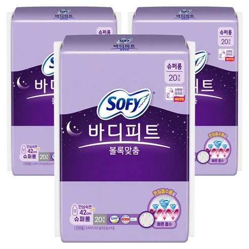 [ㅋㅍ]쏘피 바디피트 볼록맞춤 생리대 날개형, 슈퍼롱, 20개입, 3개( 11,900원, 20% 할인)