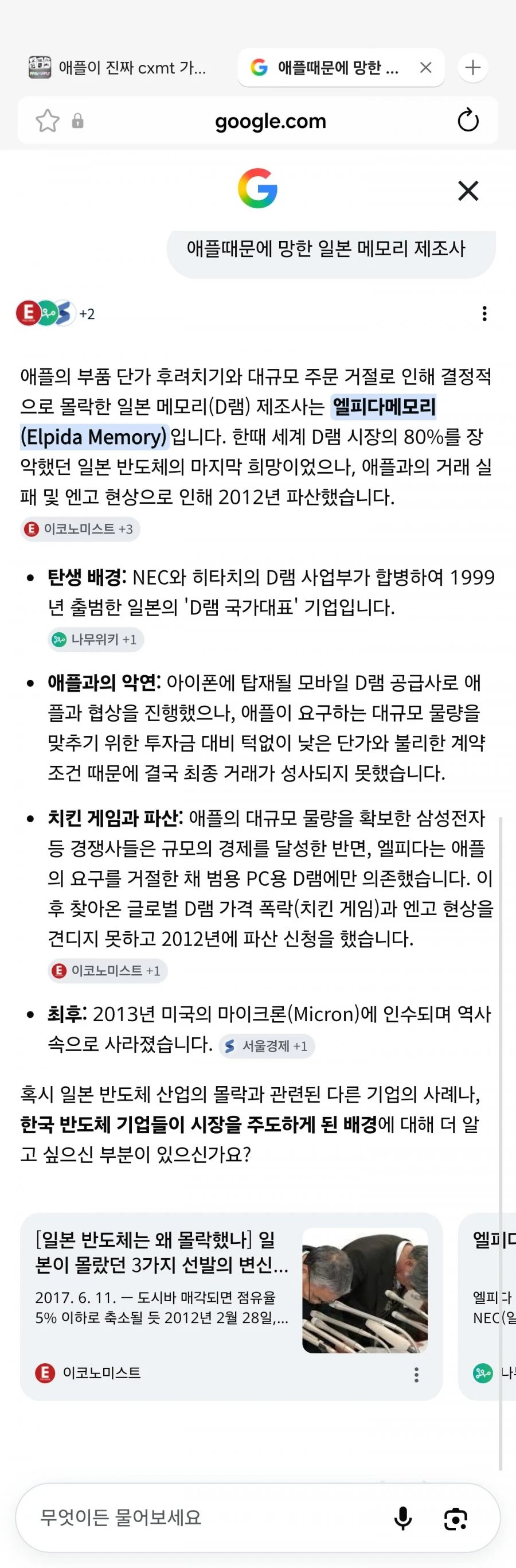 애플때문에 망한 일본 메모리 회사