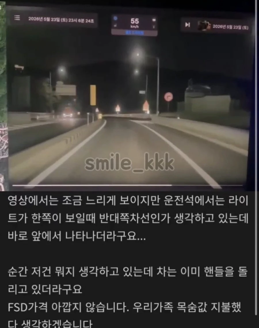 한국에서 fsd가 역주행 추돌사고를 막음