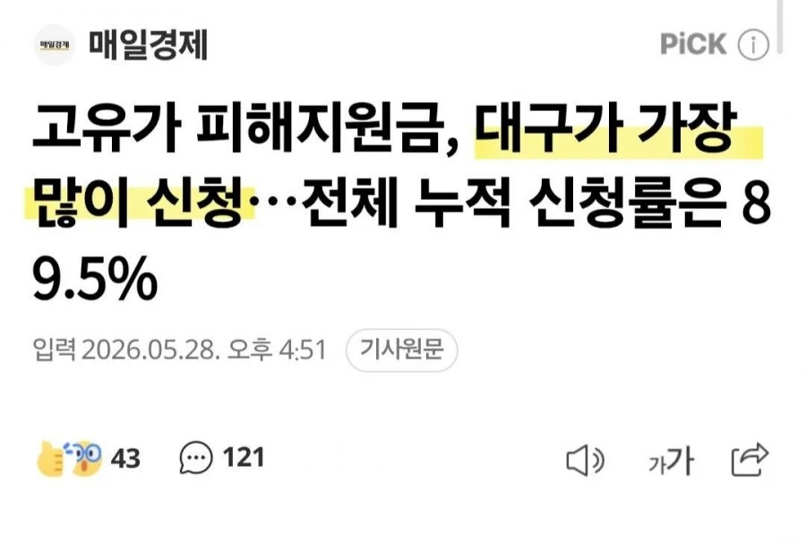 고유가 피해지원금 신청률 현황, 대구가 1위