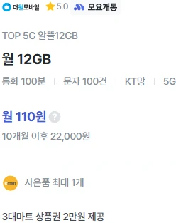 10개월 110원 요금제, 5G망 12GB, 통화 100분  
