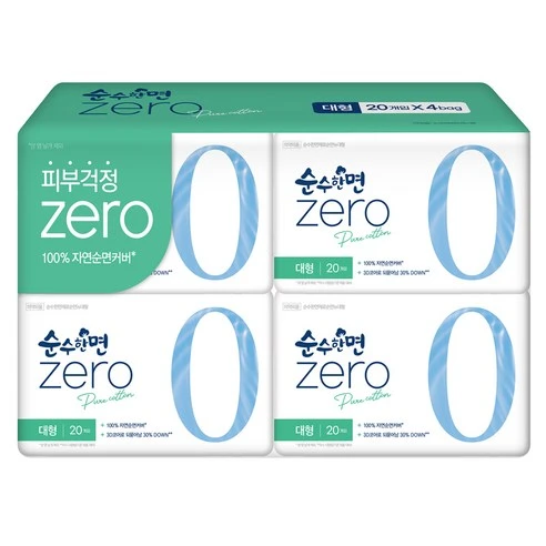 [ㅋㅍ]순수한면 제로 순면 뉴 생리대 날개형, 대형, 20개입, 4개( 7,600원, 50% 할인)