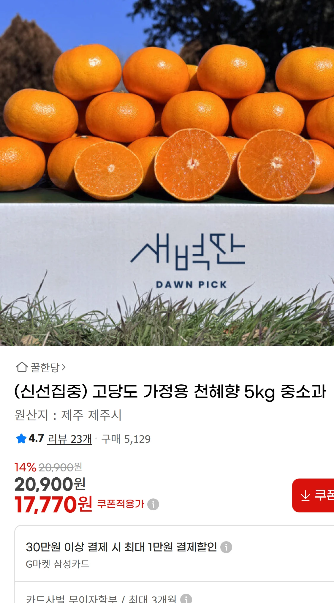[지마켓](신선집중) 고당도 가정용 천혜향 5kg 중소과(20,900원)