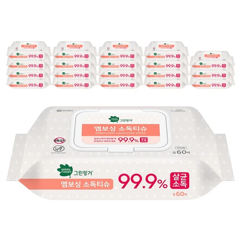 [ㅋㅍ]그린핑거 엠보싱 소독티슈 캡형, 60매, 20개, 60매 × 20개( 24,120원, 25% 할인)