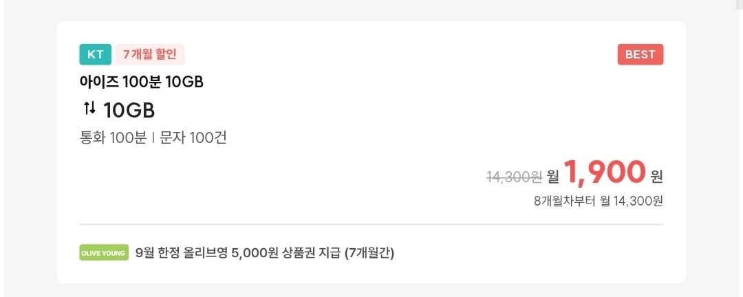 알뜰폰 요금제: 월 1,900원으로 데이터 10GB, 통화 100분, 문자 100건